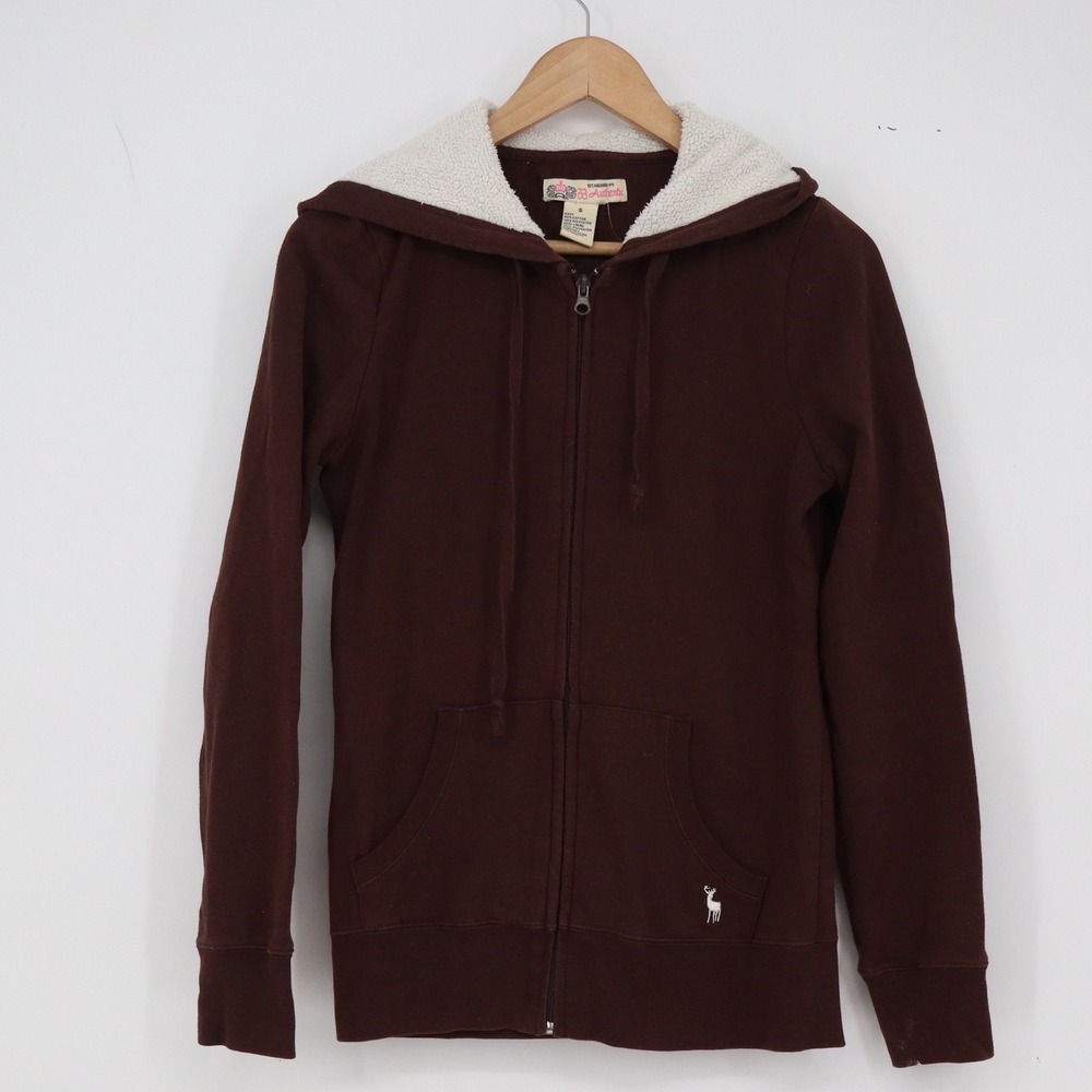 JJ Authentic Hoodie Womens S Full Zip Dark Brown Sherpa Hood Logo Excellent